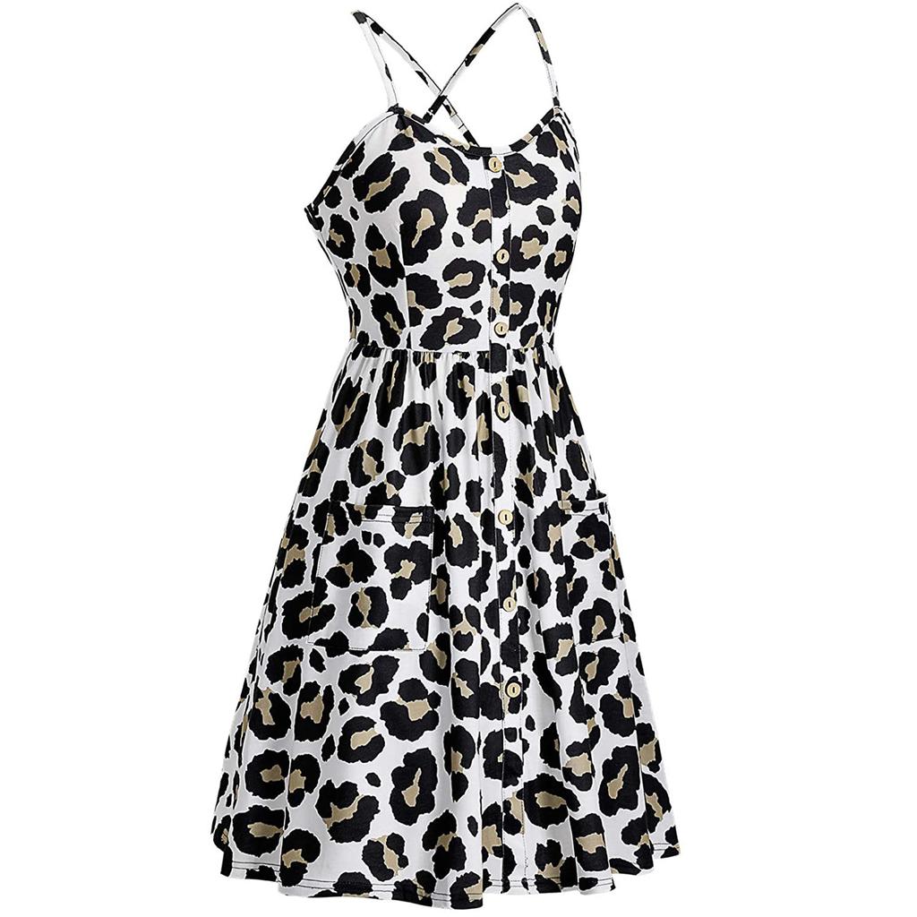 Fashion Women's Print Casual V-neck Sleeveless Button Suspender Dress