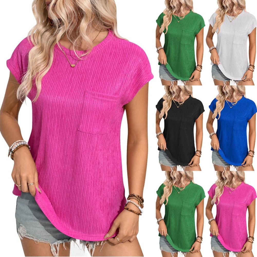 Spring and Summer New Popular Casual Round Neck T-shirt Shirt Top Pocket for Women