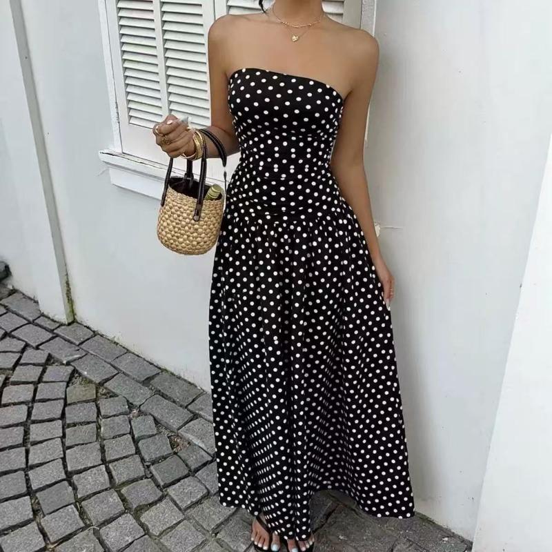 2026 Summer Off Shoulder Polka Dot Dress New Sexy Elegant Strapless Waist-cinching Slim Fit A-line Party Evening Dress Sweet Pleat Fashion Clothing