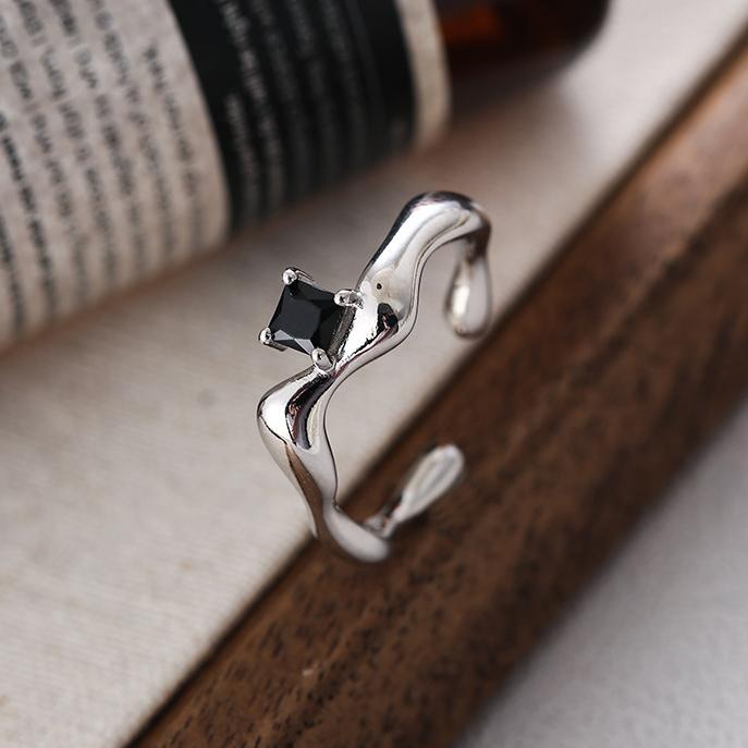 PONYKISS  Серебряное квадратное кольцо с цирконием с открытым дизайном для женщин Минималистичное Неправильное Тонкое Модное Геометрическое Аксессуар resizable