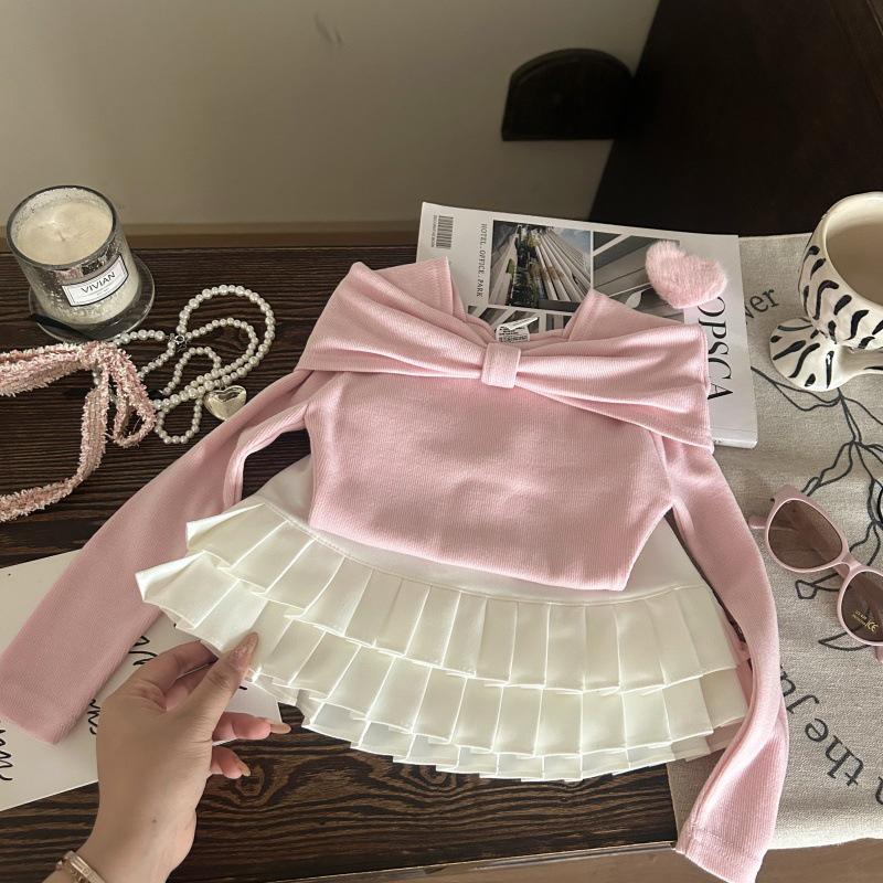 Korean Spring/Summer 2025 Girls' Bow Shirt & White Pleated Skirt Pants Set