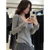 Korean-Style Gray Knit Slim-Fit Women's Long Sleeve Low Neck Top for Early Spring