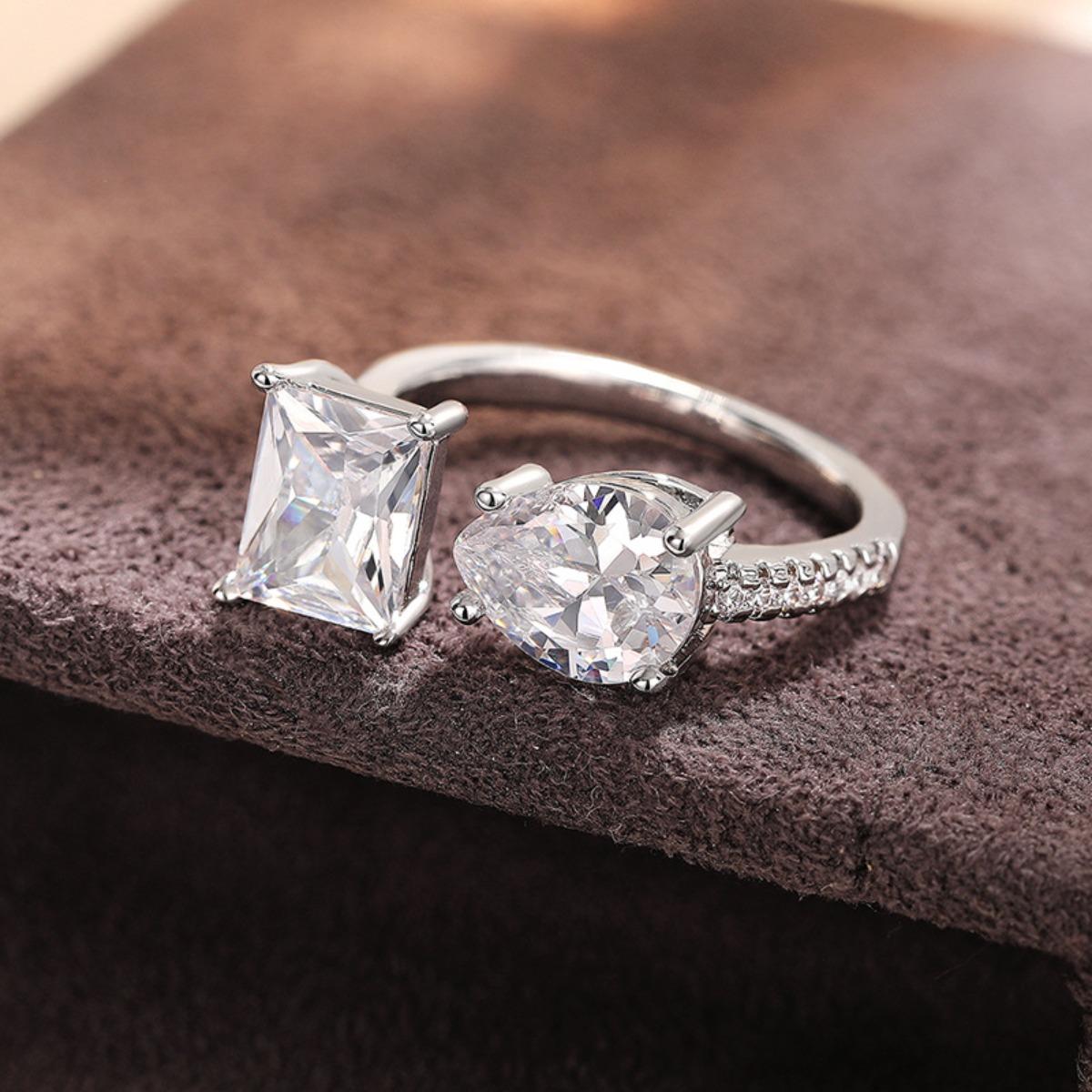 Adjustable Open Ring with Two-Stone Design Emerald Cut and Pear Cut Cubic Zirconia Rose Gold Tone Statement Ring for Women adjustable open ring белый