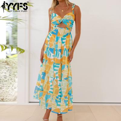 Damenmode Sommer Frühling Farbblockdruck Ärmellose Hosenträger Hohe Taille Freizeitkleider