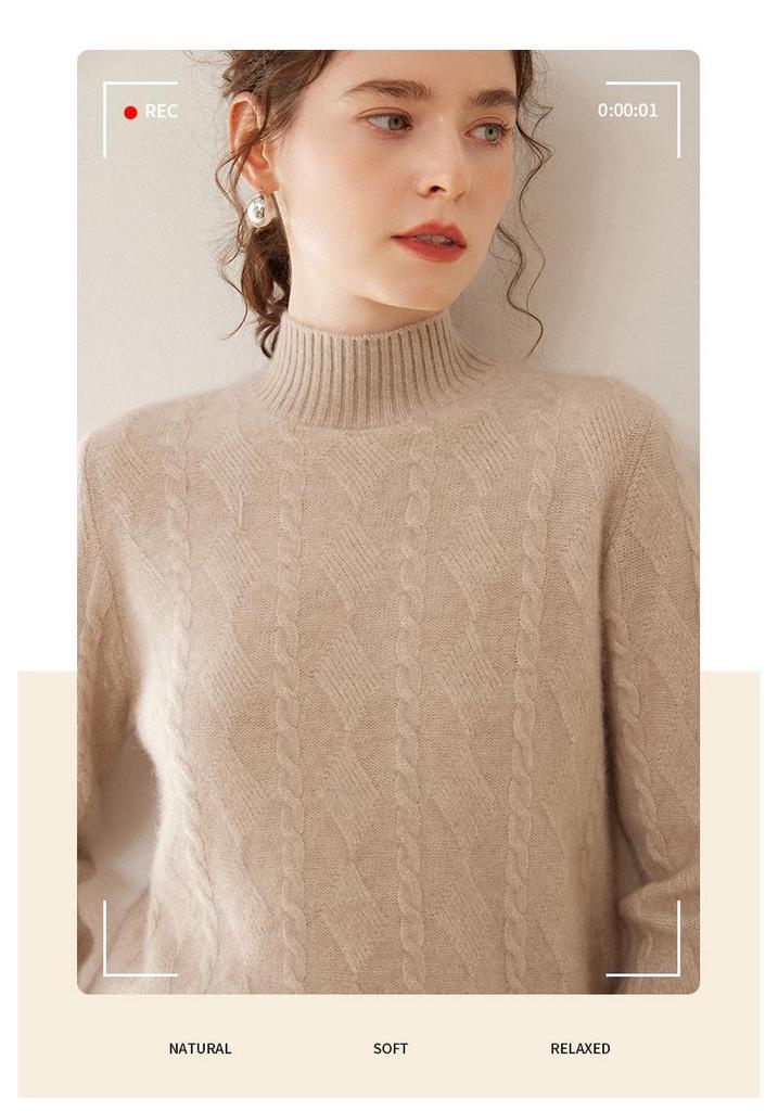 2024 Women's Cashmere Sweater - Autumn/Winter, Half-High Neck, Cable Knit, Loose Fit, Versatile, Thickened Base Layer.