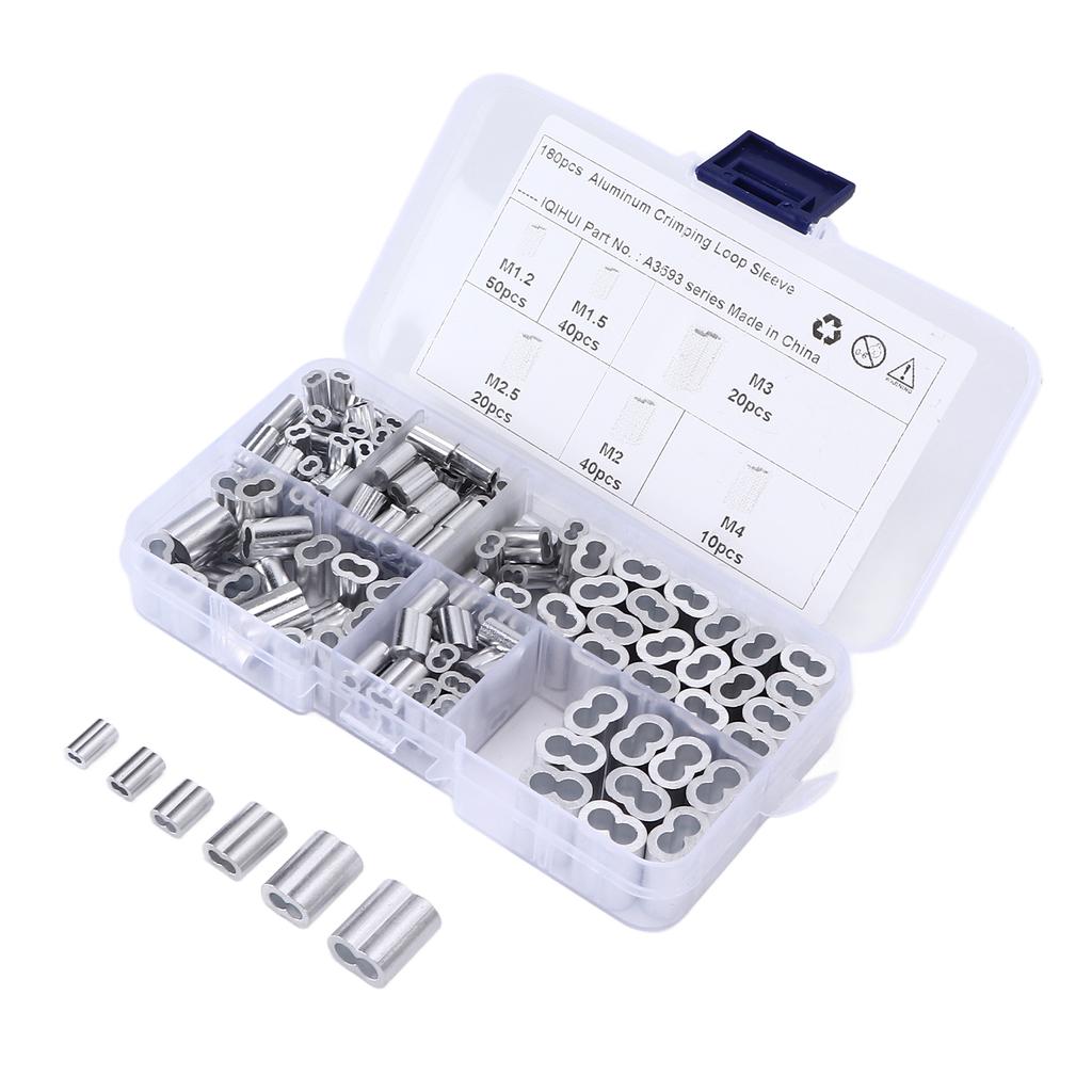 180pcs Crimping Loop Sleeve Kit 6‑Size Aluminum Double Barrel Ferrule Universal for Wire Rope Cable 
