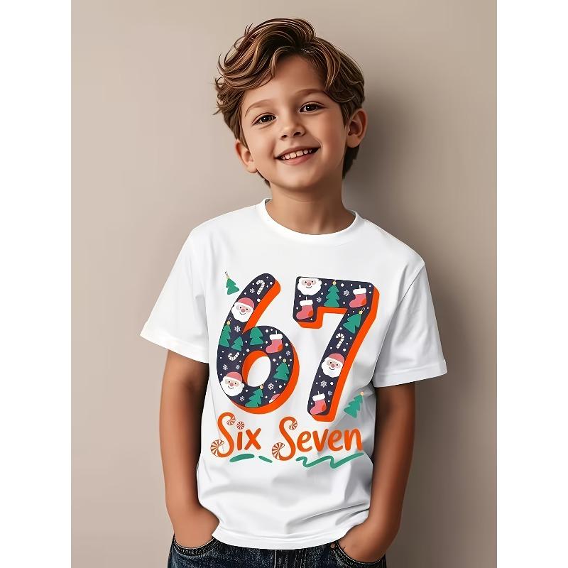 Boys Christmas Crewneck Tee, Funny 67 Christmas Elf Meme Cute Cartoon Print 110 белый