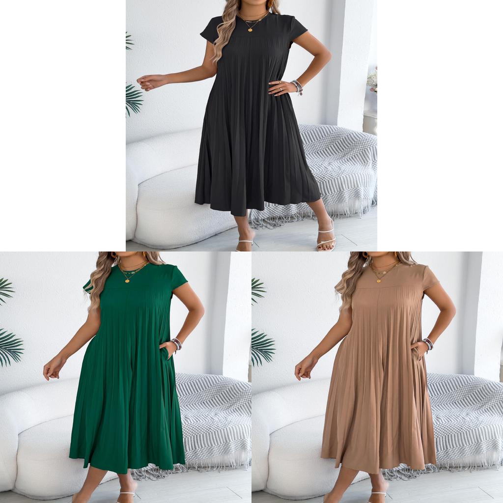 Euro Street Style Short Sleeve Pleated Dress With Pockets For Casual Daily Wear