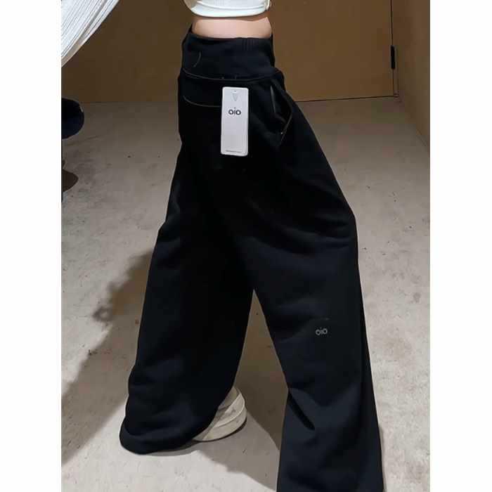 Beige Straight Leg Women's Sweatpants with Zippered Pockets - Spring/Autumn Wide Leg Casual Pants