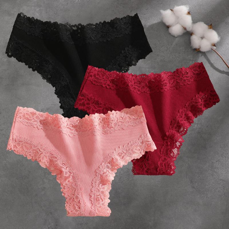 FINETOO 3Pcs Cotton Lace Patchwork Bikini Panties Women Seamless Floral Print Brazilian Pants Low Waist Breathable Female Sexy Lingerie