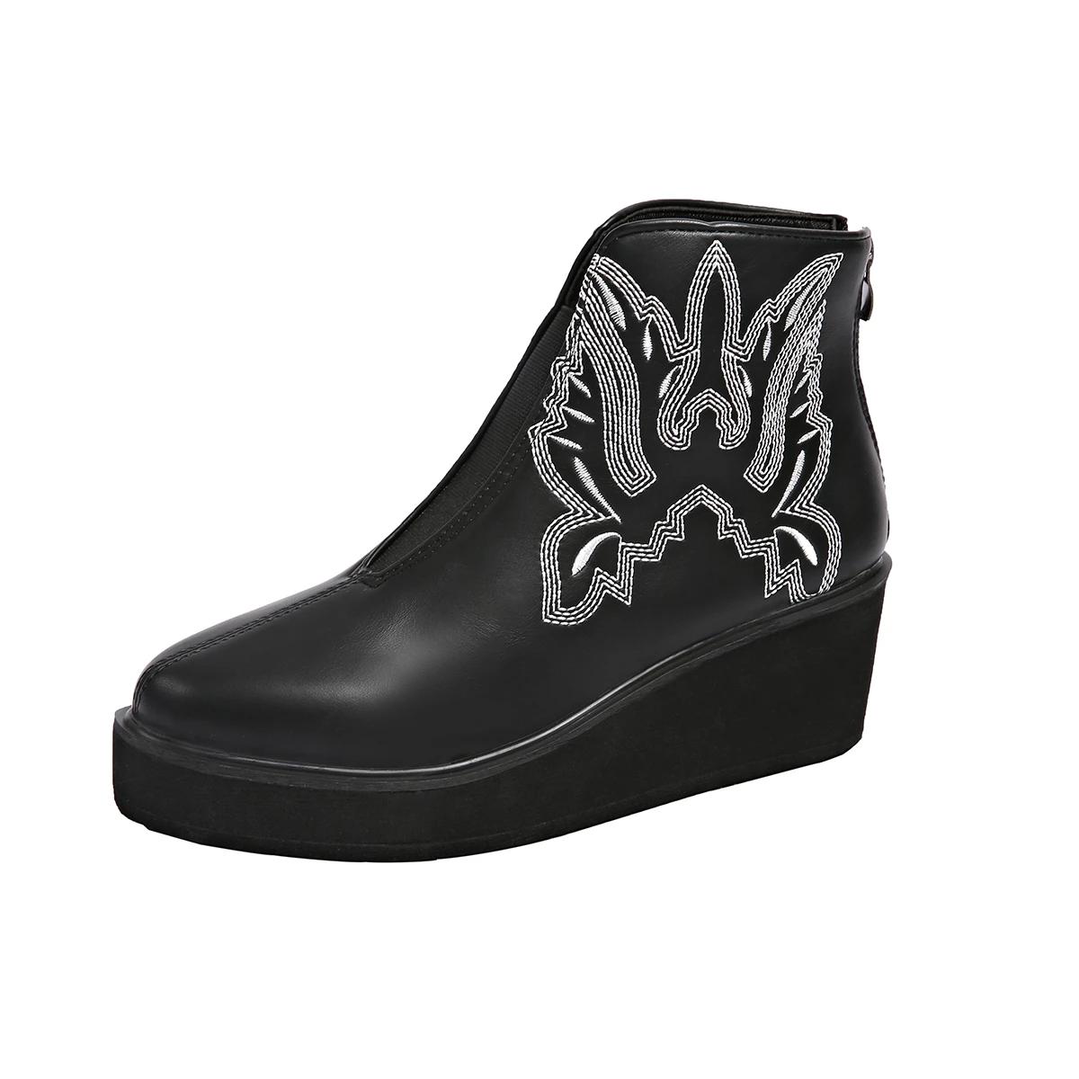 

Ботильоны женские из искусственной кожи с вышивкой на платформе в стиле ретро, осенне-зимние, с круглым носком, на танкетке, с молнией сзади, готические туфли 36 чёрный