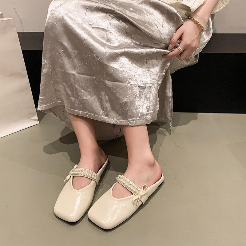 Fashion Baotou Semi-slippers Women Spring and Summer Wear New Square Toe Shallow Mouth Pearl Bow Soft Bottom Non-slip Cool Mop