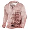 Retro Maritime Print Long Sleeved Men's Three Button Lapel Shoulder Shirt