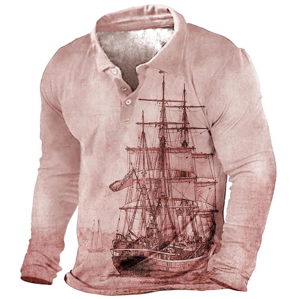 Retro Maritime Print Long Sleeved Men's Three Button Lapel Shoulder Shirt