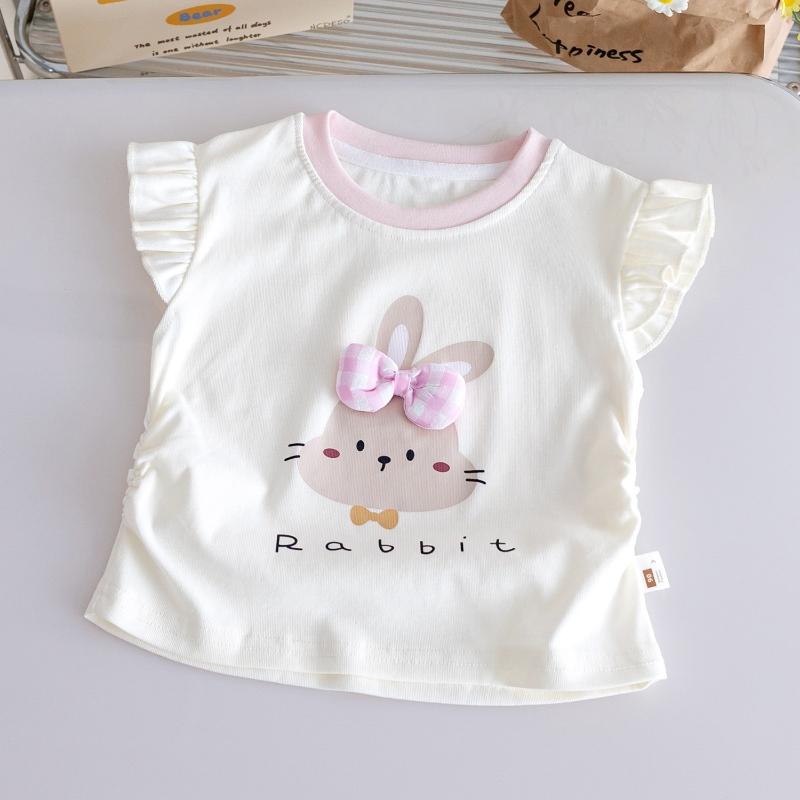 Summer Girls  Cotton T-shirt Cartoon Rabbit Printed Round Neck Flying Sleeve Vest Top Baby Girls Sweet Bow Loose T-shirts 80