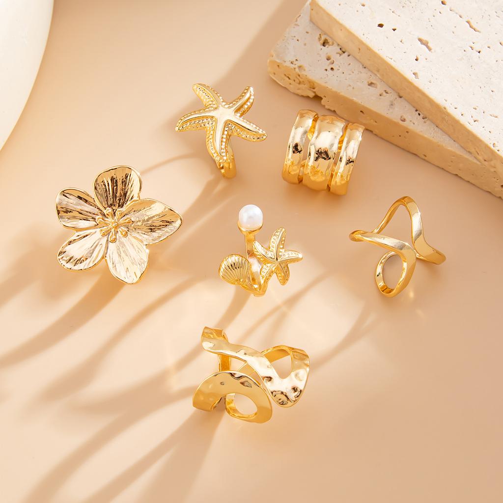 Resort Style Irregular Open Ring with Starfish and Pearl Alloy Ring Set