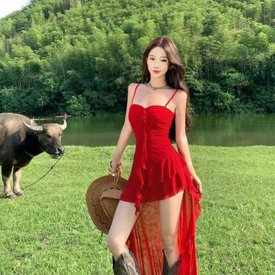 Internet Celebrity Explosion 2026 Summer Red Dovetail Irregular Short Dress Female Sexy Wear Holiday Suspender Dress Tide