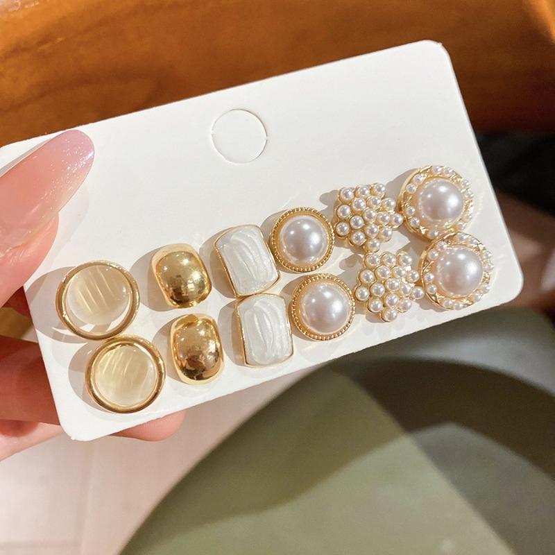 12 Pieces/set of Elegant Temperament Imitation Pearl Round Square Earrings, Women's Daily Wear Holiday Accessories Gifts