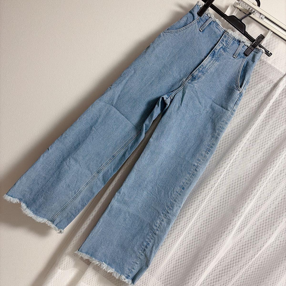 AZUL BY MOUSSY Denim Jeans Fringe Denim S Light Blue Wide Pants Fringe Processing Casual