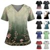 Women's Fashionable Printed V Neck Double Pocket Short Sleeved Shirt With Slit Hem Uniform And Worker Top