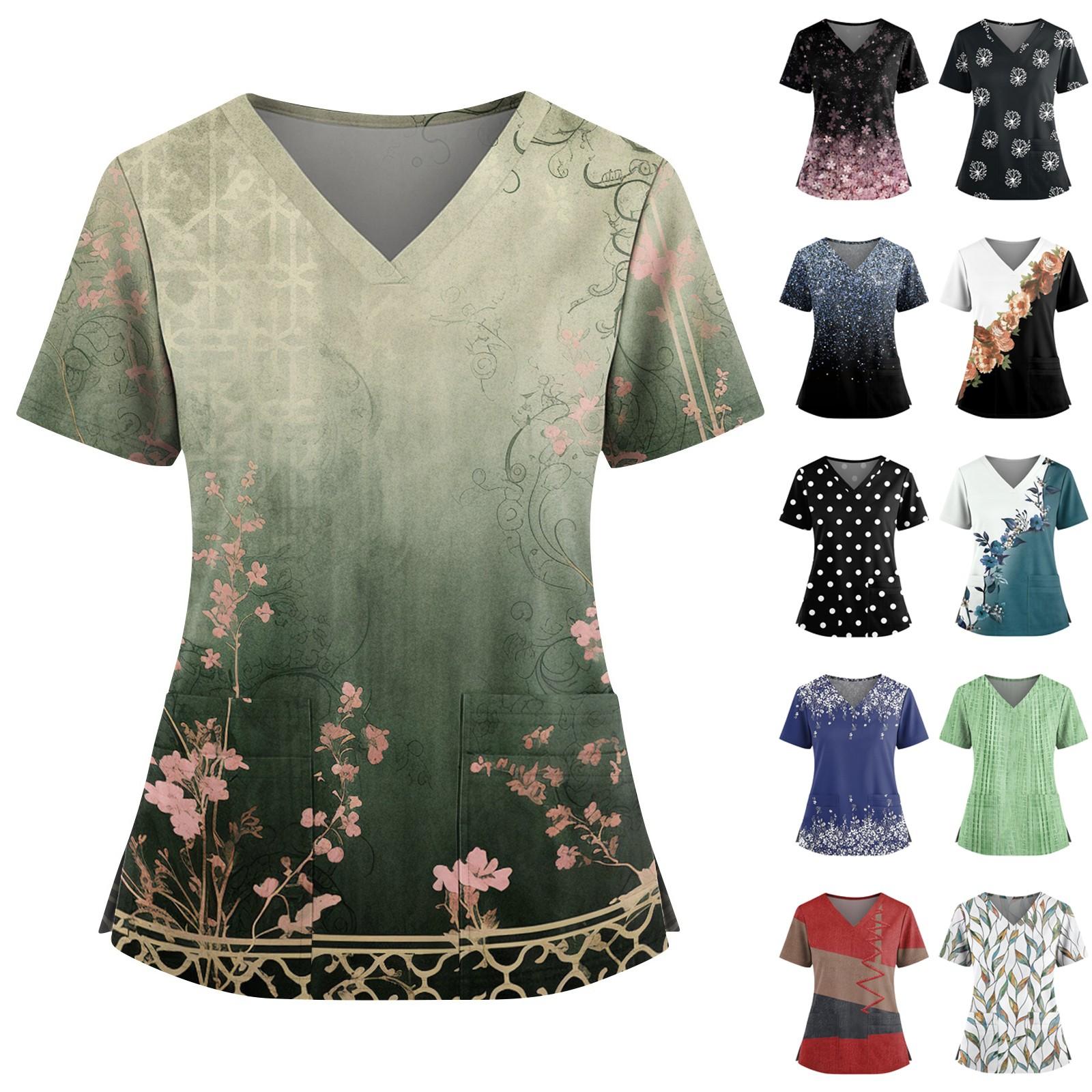 

Women s Fashionable Printed V Neck Double Pocket Short Sleeved Shirt With Slit Hem Uniform And Worker Top L рожевий