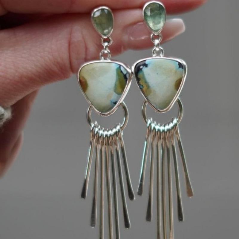 Pendientes Vintage Triangulares Incrustados con Piedra Blanca y Borlas, Geométricos y Creativos, Color Plateado, Pendientes Colgantes para Mujer, Joyería