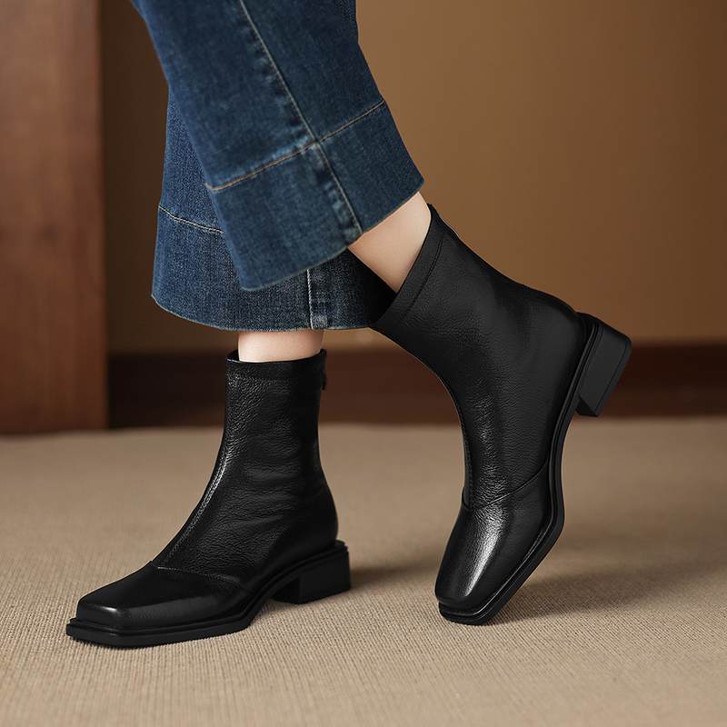 Krazing Pot Sheepskin Winter Square Toe Western Boots Med Heels Zipper Women Ankle Boots