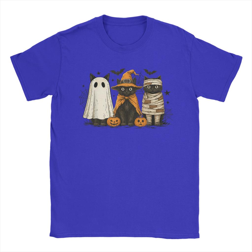 Men T-Shirt Retro Black Cat Witch Scary Halloween Pumpkin Novelty Pure Cotton Tees Short Sleeve T Shirts Clothes Printing