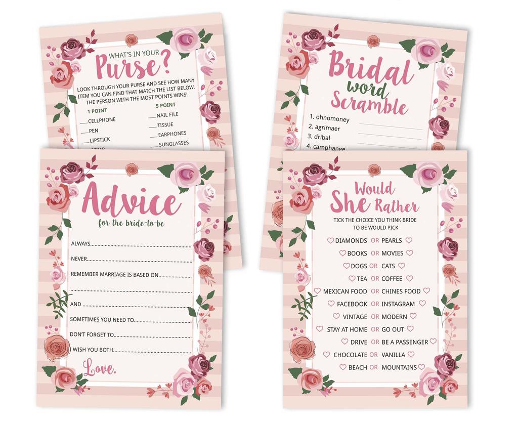 Inkdotpot Bachelorette Party Games Set Bundle Of 4(50 Sheets Each) w Miss to Mrs Gold Banner Floral Fun Bridal Shower Games