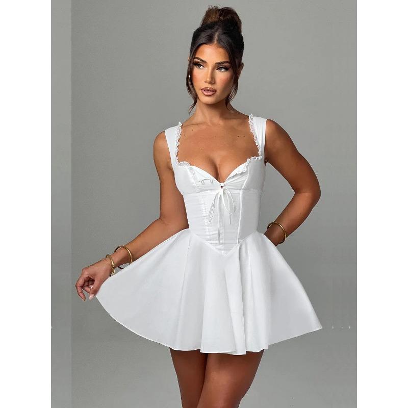 Summer Lovely Sweet A Line Short Dress Yellow Sexy Sleeveless Lace Up Pleated Party Dresses Hollow Out Slim Fit Elegant Holiday Dress Women