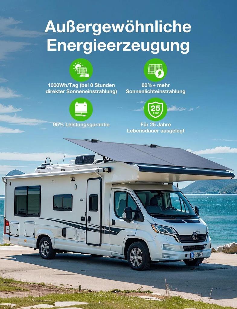 Painel Solar Flexível de 480W (2×240W) Módulo Solar Monocristalino, Revestimento ETFE, para RV, Caravana, Barco, Telhado,