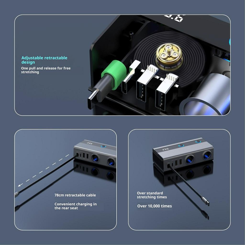 GE08 PD 65W Fast Charging Car Charger 9 in 1 Cigarette Lighter Adapter with Independent Switch and Retractable Cable