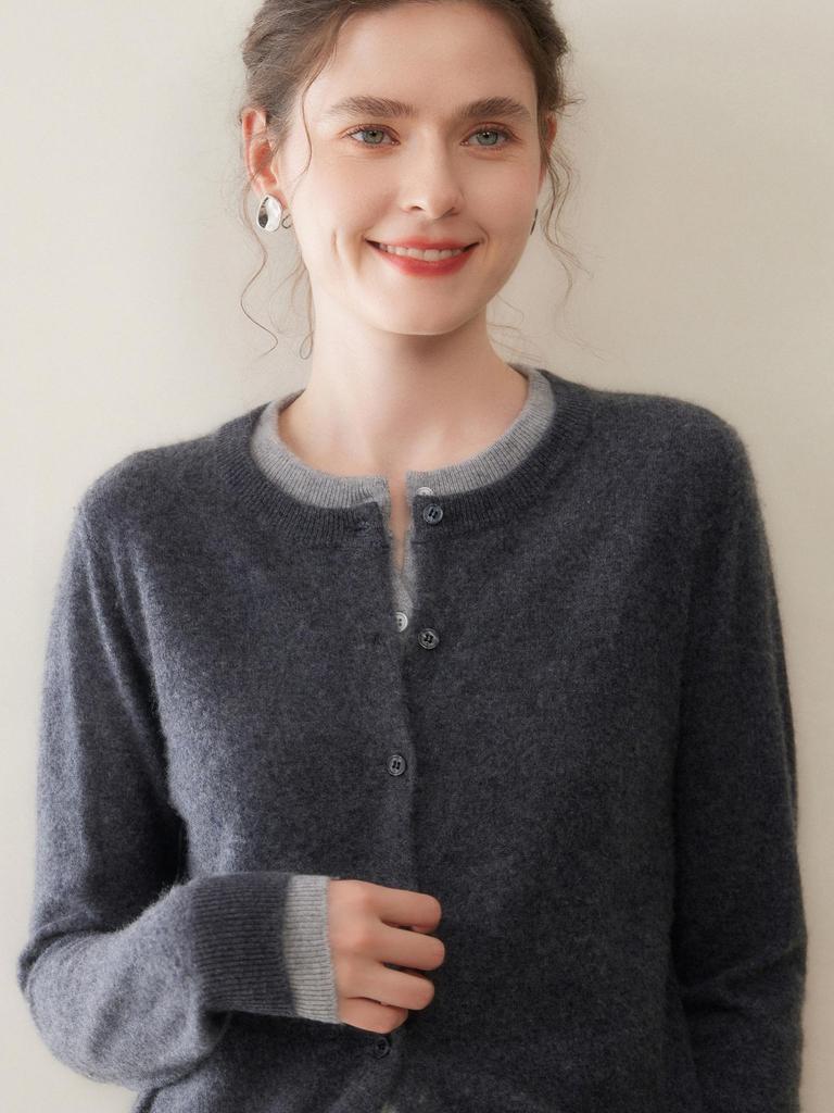 25-Year Women's Cashmere Cardigan: Two-Piece Knit, Loose Fit, Slimming, Versatile Round Neck Color Block Sweater.