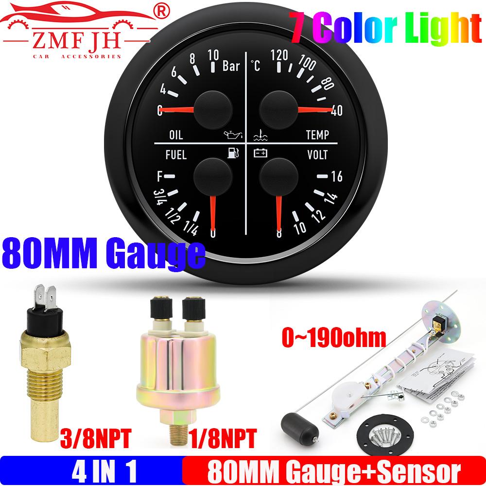 ZMFJH 7 Color LED 80MM Gauge Multifunctional Water Temp+Oil Pressure+Fuel Level Gauge+Voltage with 0-190ohm Oil Float Sensor 12V