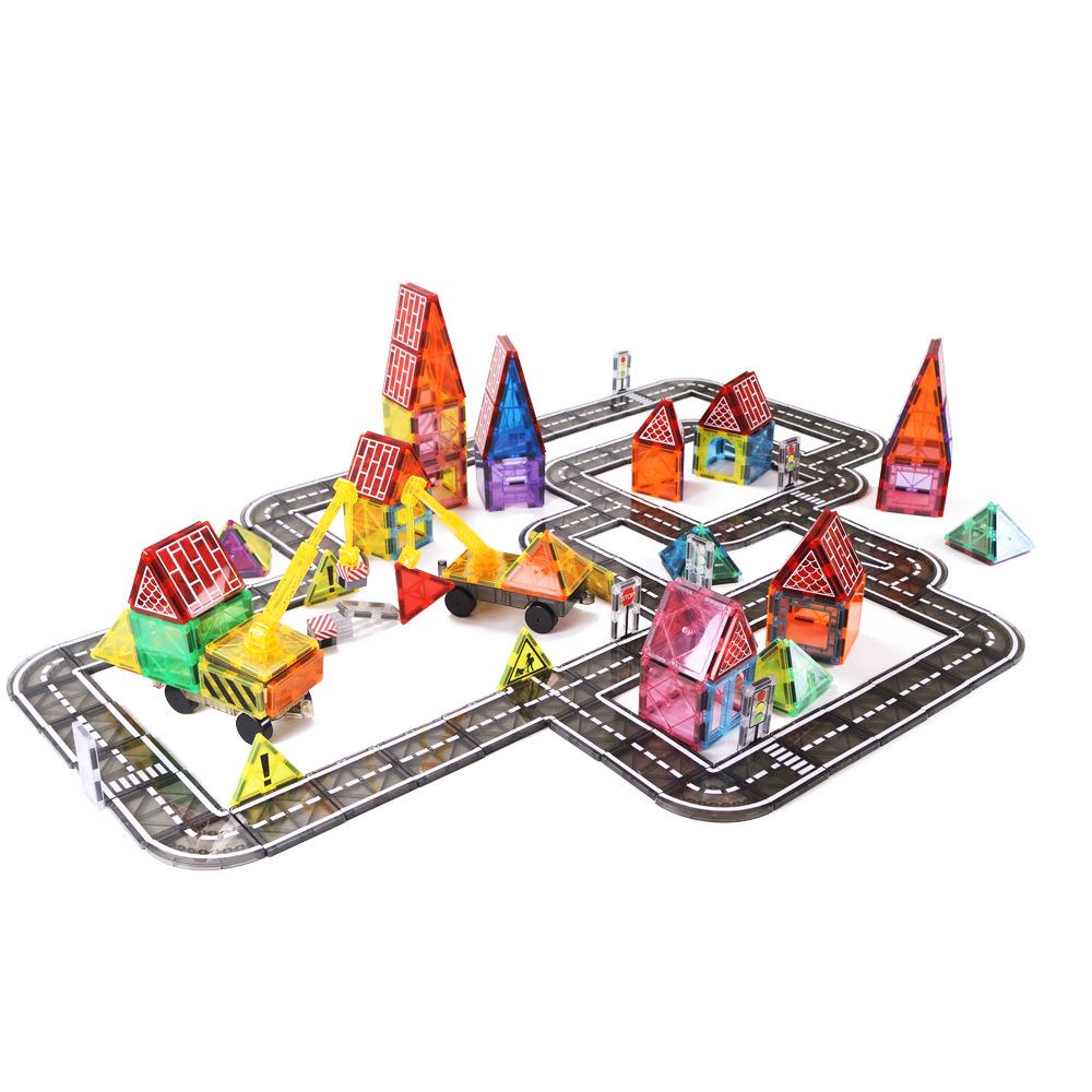 Yuelebo Magnetic Building Blocks: City Traffic & Architecture Set with Crane and Stained Glass Tiles