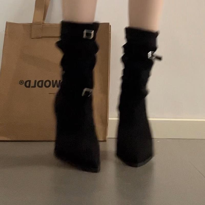 Thin heel French skirt heightening fashion boots women's 2025 autumn and winter new belt buckle simple versatile comfortable short boots