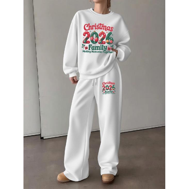 Women's Crewneck Sweatshirt & Drawstring Straight-Leg Pants 2-Piece Set, Christmas 2026 Family Theme Print, Casual Cozy Holiday Outfit