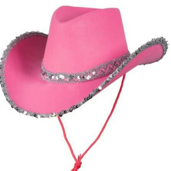 Cappello da Cowboy Rosa con Corona Bordata d'Argento per Festa in Maschera