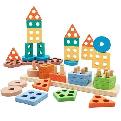 NEW Montessori Wooden Toy Geometric Building Blocks Sorting Stacking Toys Baby Educational Shape Color Sorter Preschool Kid Gift