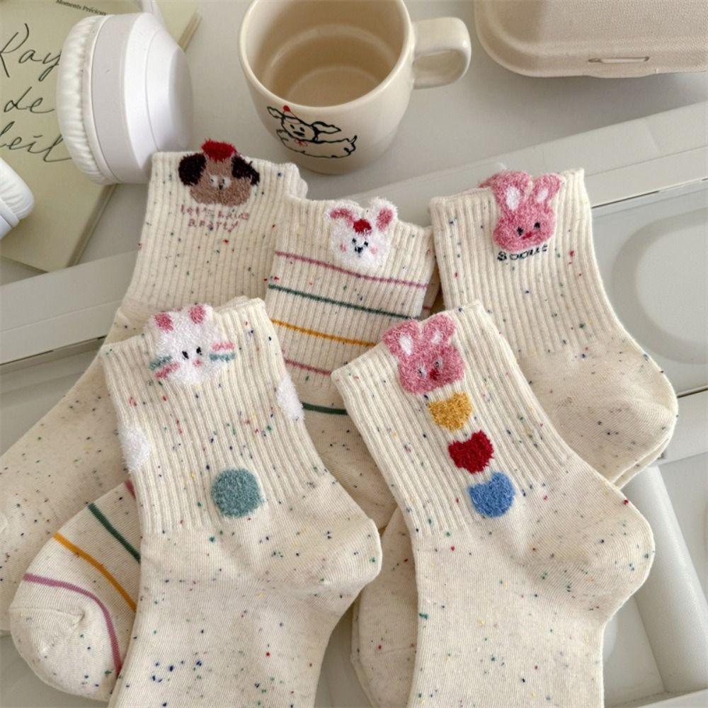 5 Pairs/Set Rabbit Embroidered Printing Women Short Socks Cat Pattern Cotton Socks  Women's Girl's
