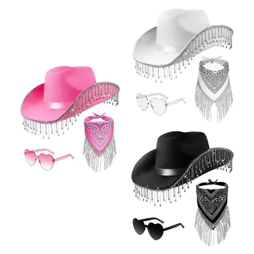 3pcs/Set Bandana Stage Performance Hat Heart Sunglasses Rhinestone Tassel Western Cowboy Hat 3pcs/Set Solid Color
