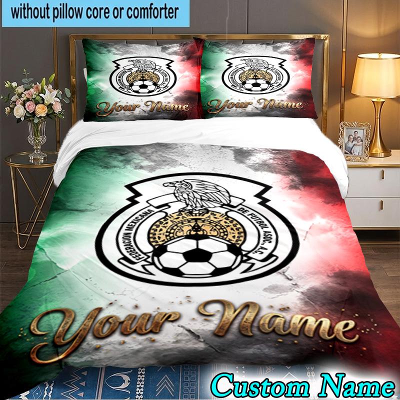 Custom Name Mexico Football Emblem 3PCS Bedding Set For Bedroom Dormitory,Including 1pc Duvet Cover And 2pcs Pillowcases Large size Fan gift
