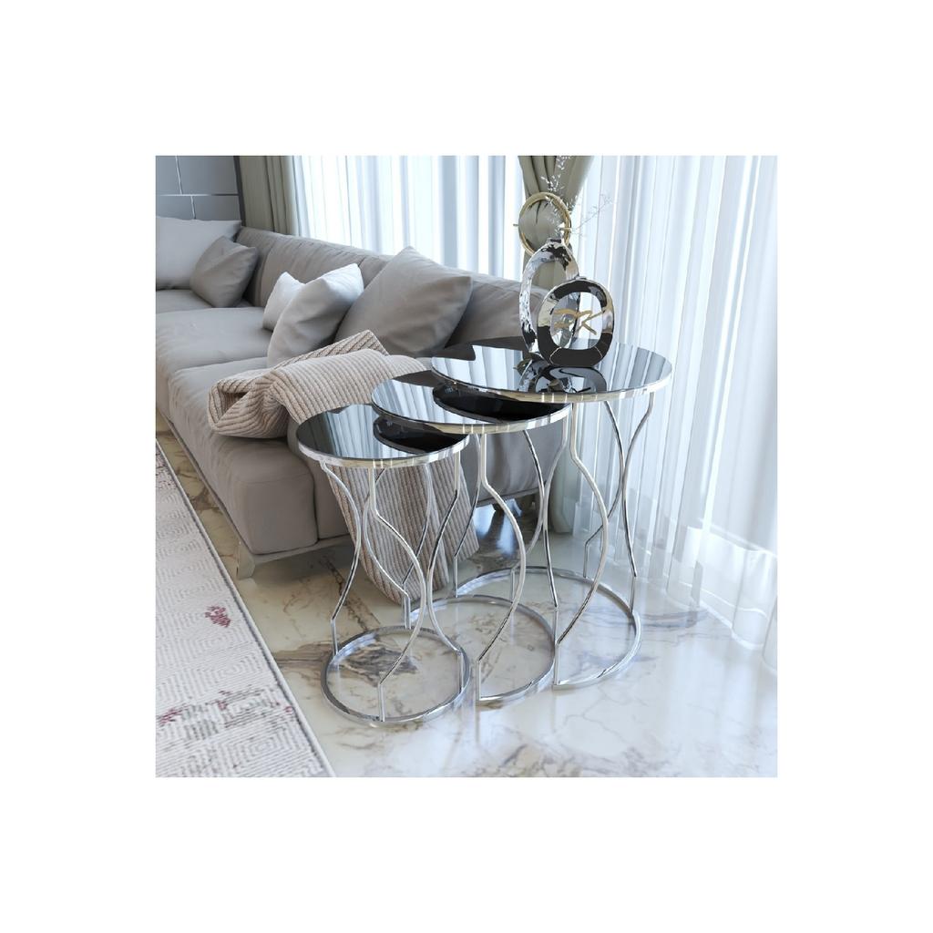 Dream 3-seat Nesting Coffee Table Silver Color Metal Leg Black Unbreakable Mirror