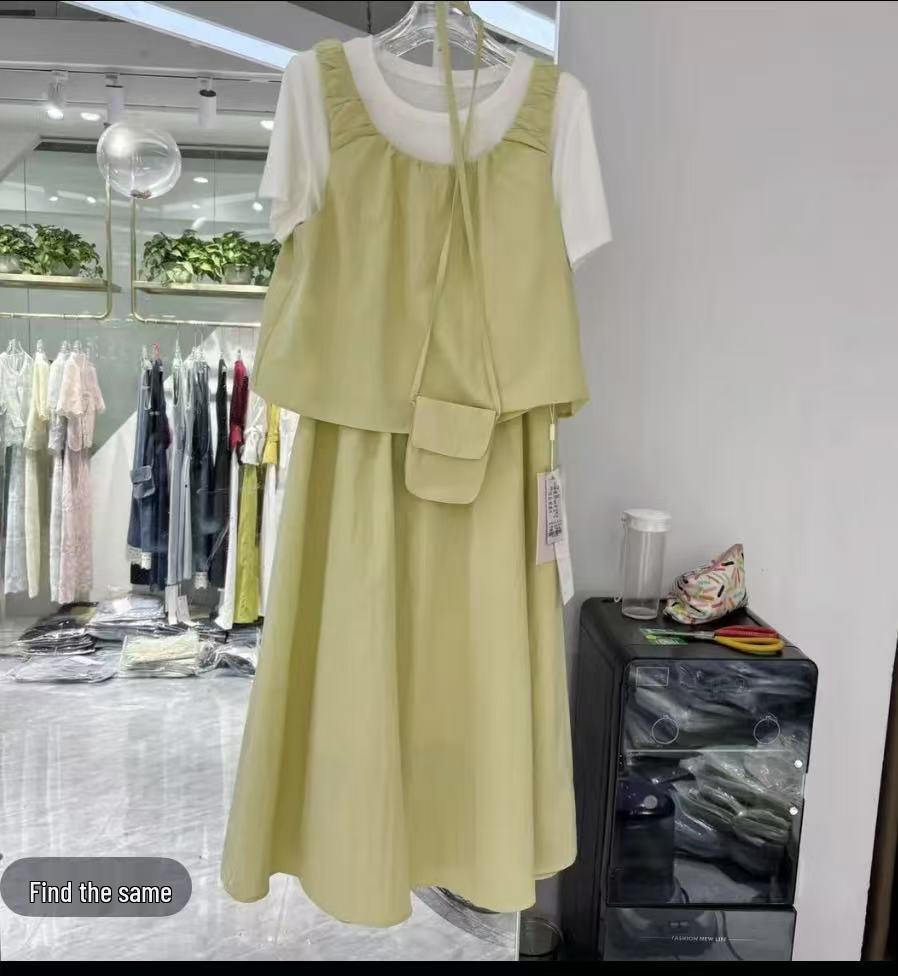 

2025 Summer Women s Fashion Set: Crossbody Bag, Round Neck Shirt, Midi Skirt, and Slimming Petite Dress Medium жёлтый