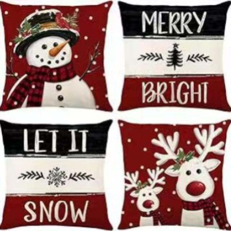 4 PC Reversible Christmas Pillow Covers Set - Santa Snowman Linen Blend Sofa Decor Festive Home Accents