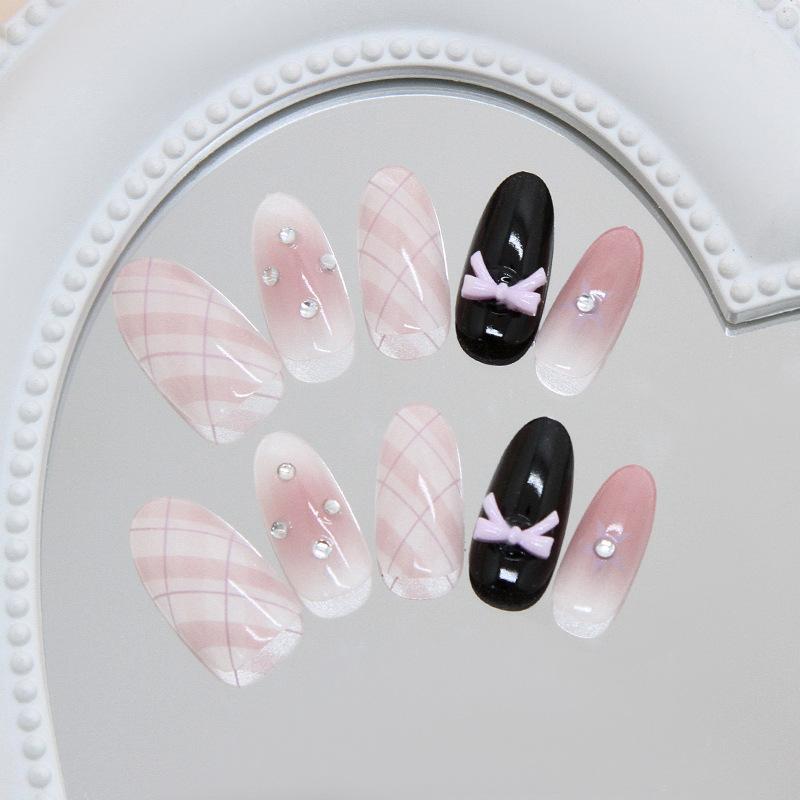 Sweet Pink Bow Blush Glitter Diamond Plaid Girly Versatile Removable Wearable Nails 30 Pieces