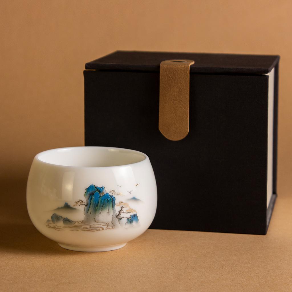 Ink wash mountain suet jade white porcelain teacup hat cup fair cup bubble teapot kung fu teacup master cup ceramic tea set