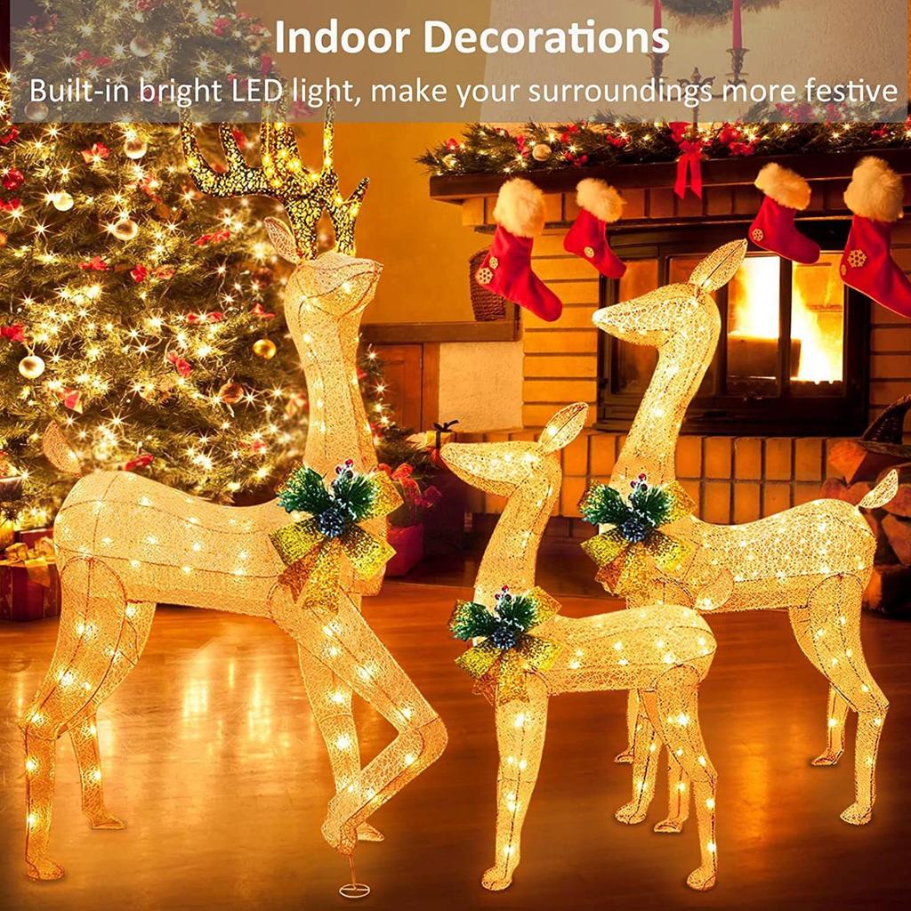 Christmas Led Light-up Reindeer Family Decorations, Outdoor Christmas Yard Decorations With Bows, Festive Lawn And Garden Decor