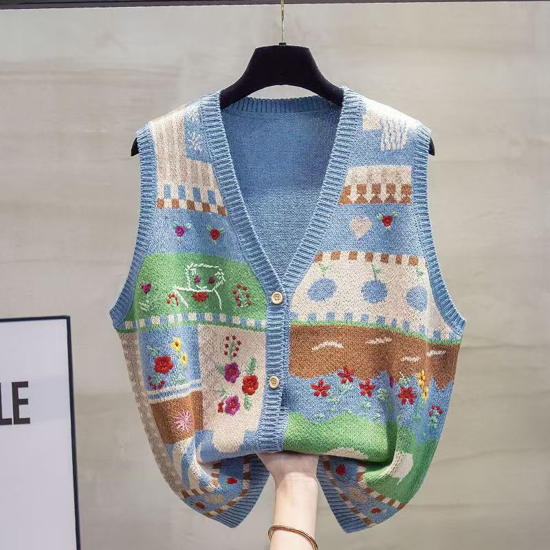 Bear Cartoon Jacquard V Neck Knitted Vest Sweater Women Autumn Winter Outwear Loose Sleeveless Sweater Cardigan Fashion Y2k Tops