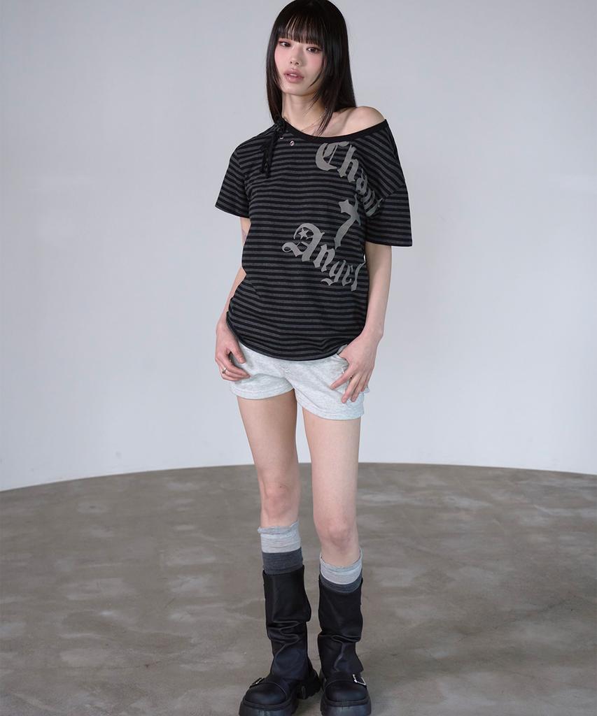 PRENDA Ribbon Tie Eyelet Striped Tee Black